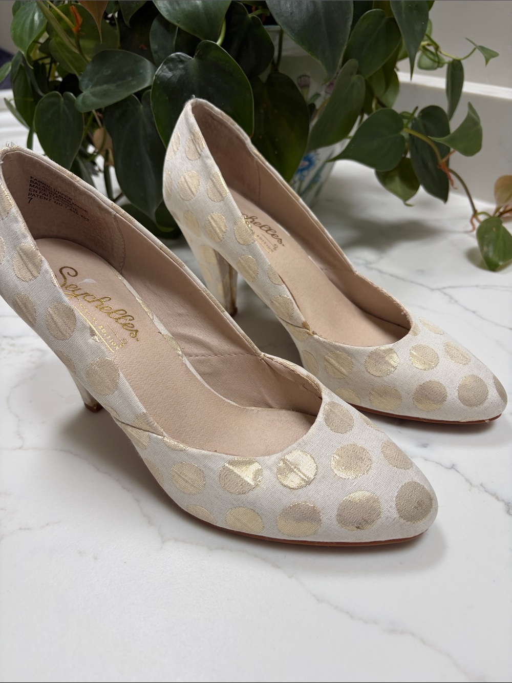 Seychelles Cream Pumps with Gold Polka Dots